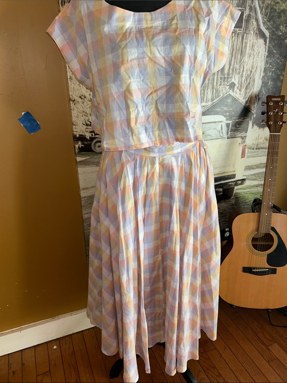 Bobbles and Lace Pastel Plaid Midi Dress - Soft Yellow, Pink & Blue